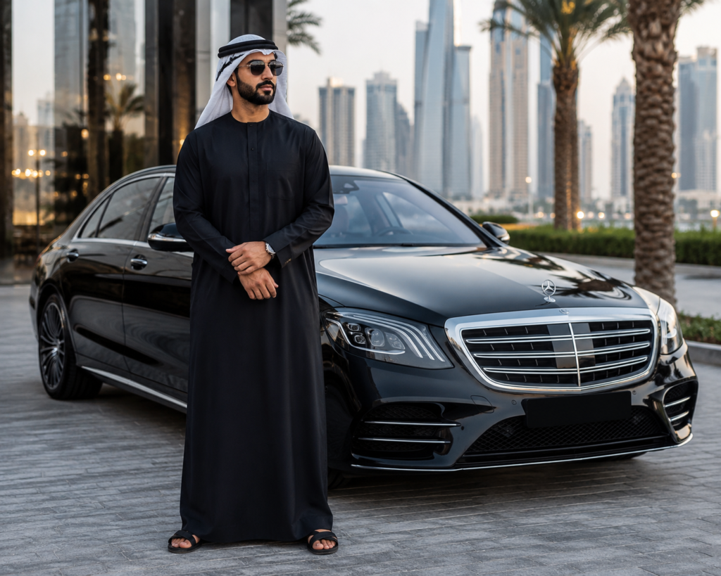 Arab man standing beside a black luxury car - KSA Chauffeur