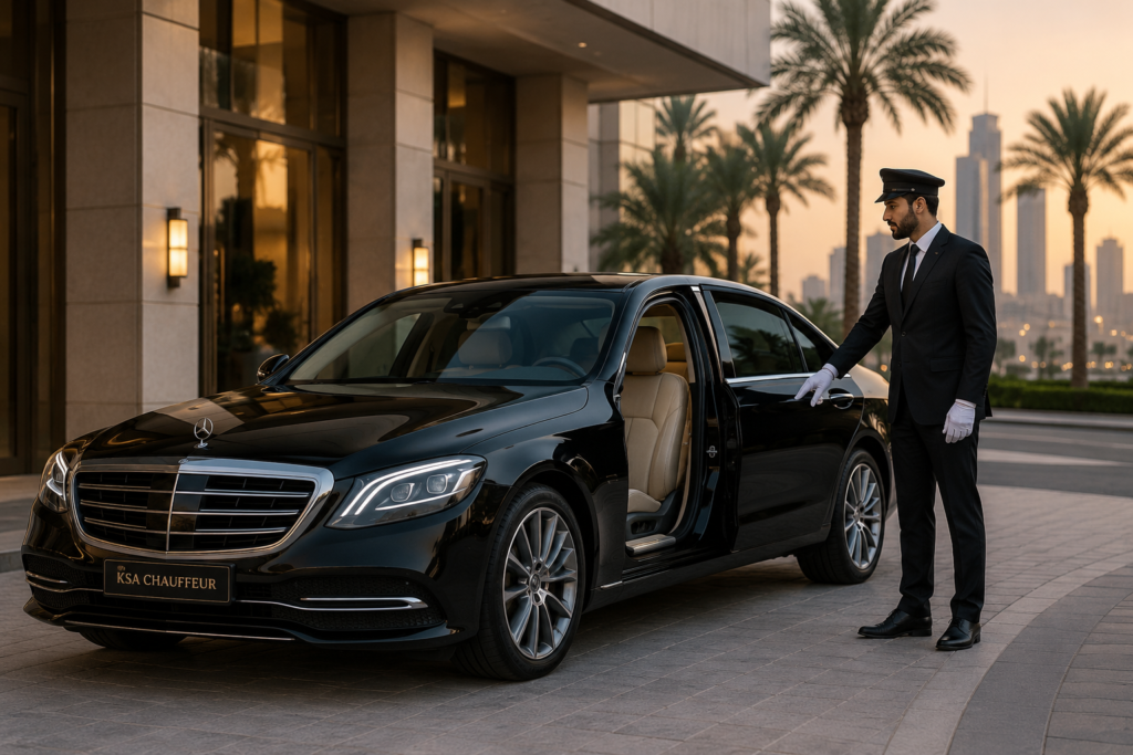 Luxury sedan at golden hour valet service - KSA Chauffeur