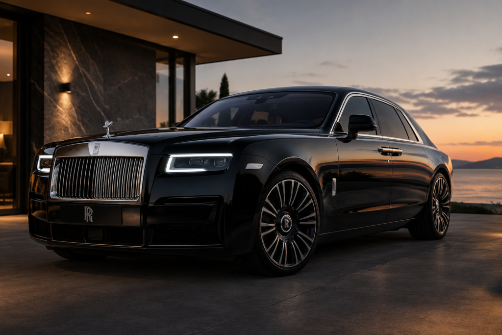 Luxury sedan at sunset by the water